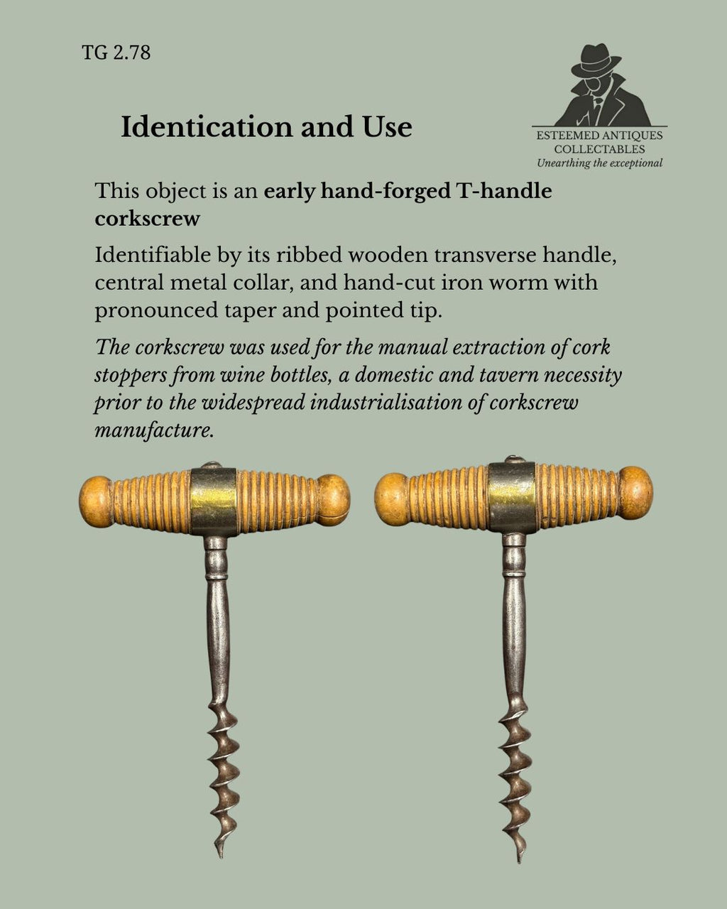 TG 2.78 Early 19th-Century Continental European T-Handle Corkscrew, Hand-Forged (Circa 1820–1850)