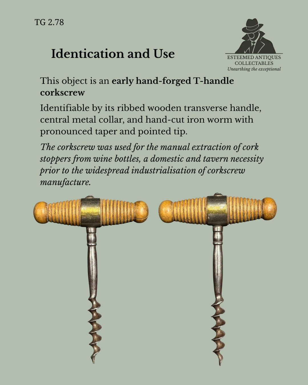 TG 2.78 Early 19th-Century Continental European T-Handle Corkscrew, Hand-Forged (Circa 1820–1850)