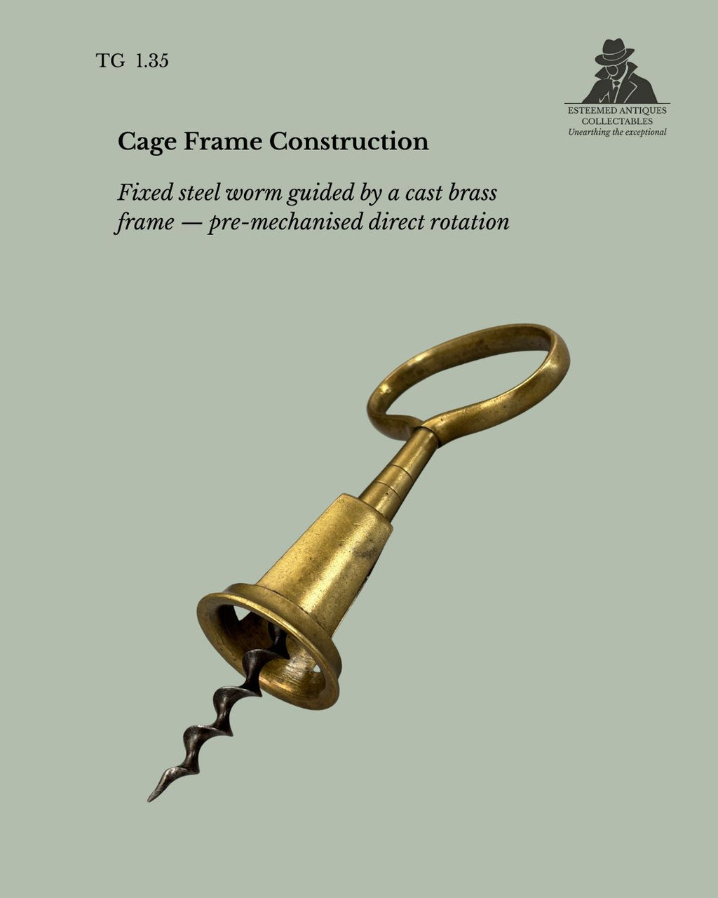 Cage Frame Corkscrew, Direct Drive Steel Worm, Brass, Continental Europe, c.1880–1900