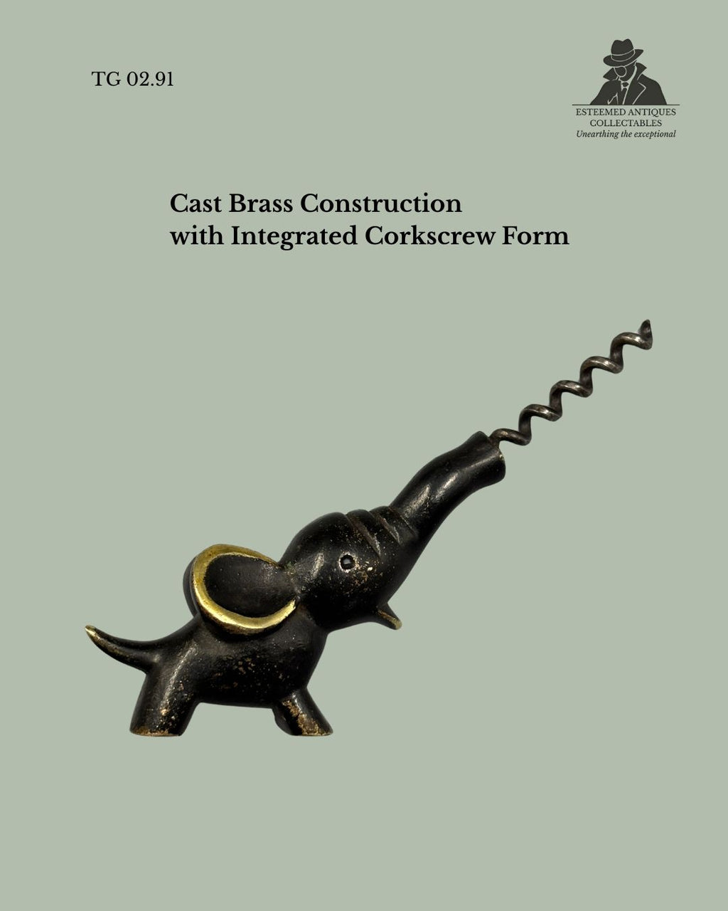 Mid-century Austrian brass elephant corkscrew in Hagenauer style with cast form and original patinated finish.