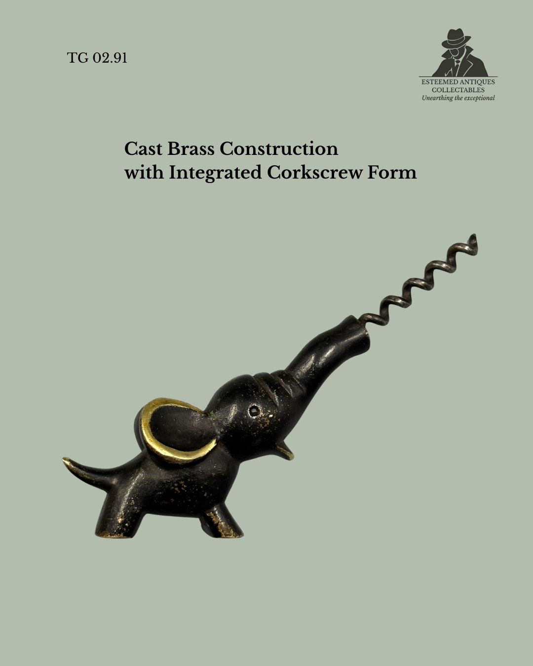 Mid-century Austrian brass elephant corkscrew in Hagenauer style with cast form and original patinated finish.