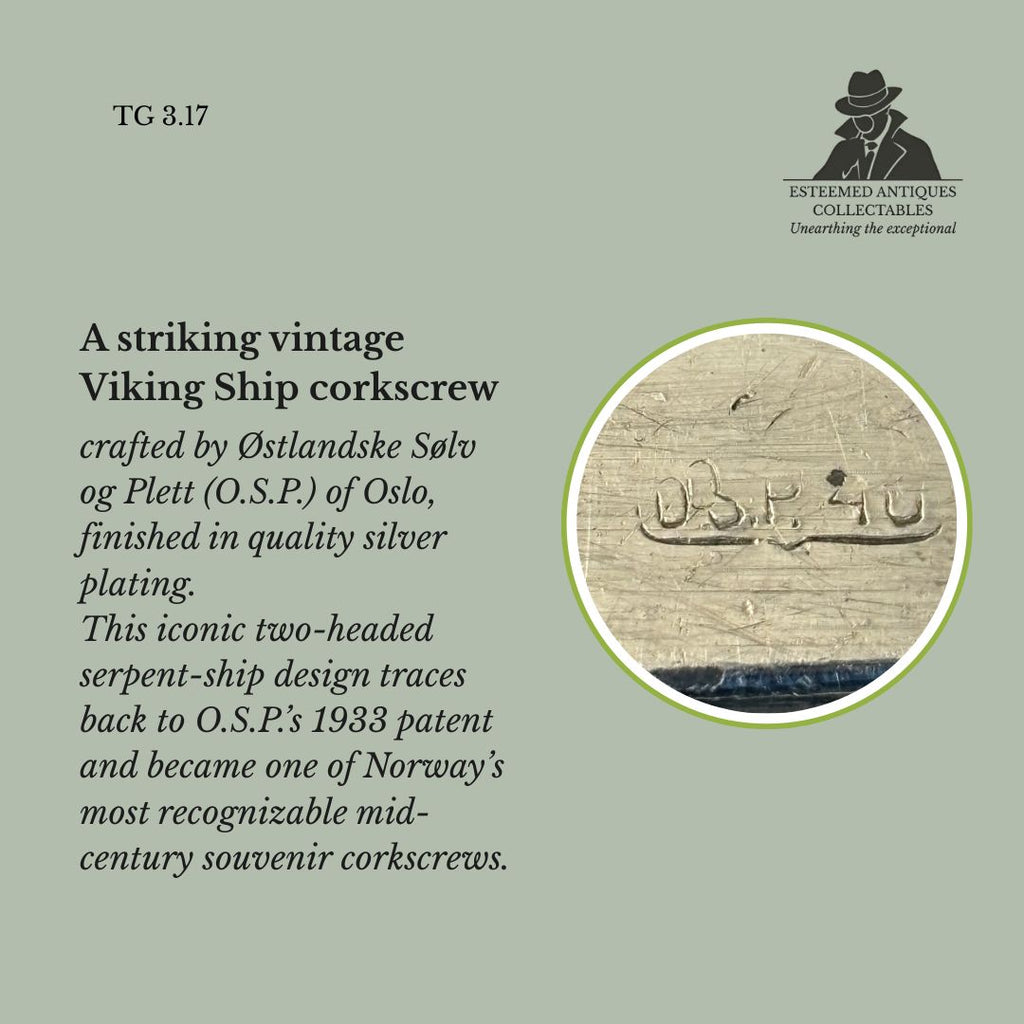 Viking Ship Figural Corkscrew, Cast Silver-Plated Metal, Østlandske Sølv og Plett (O.S.P.), Norway, mid-20th century