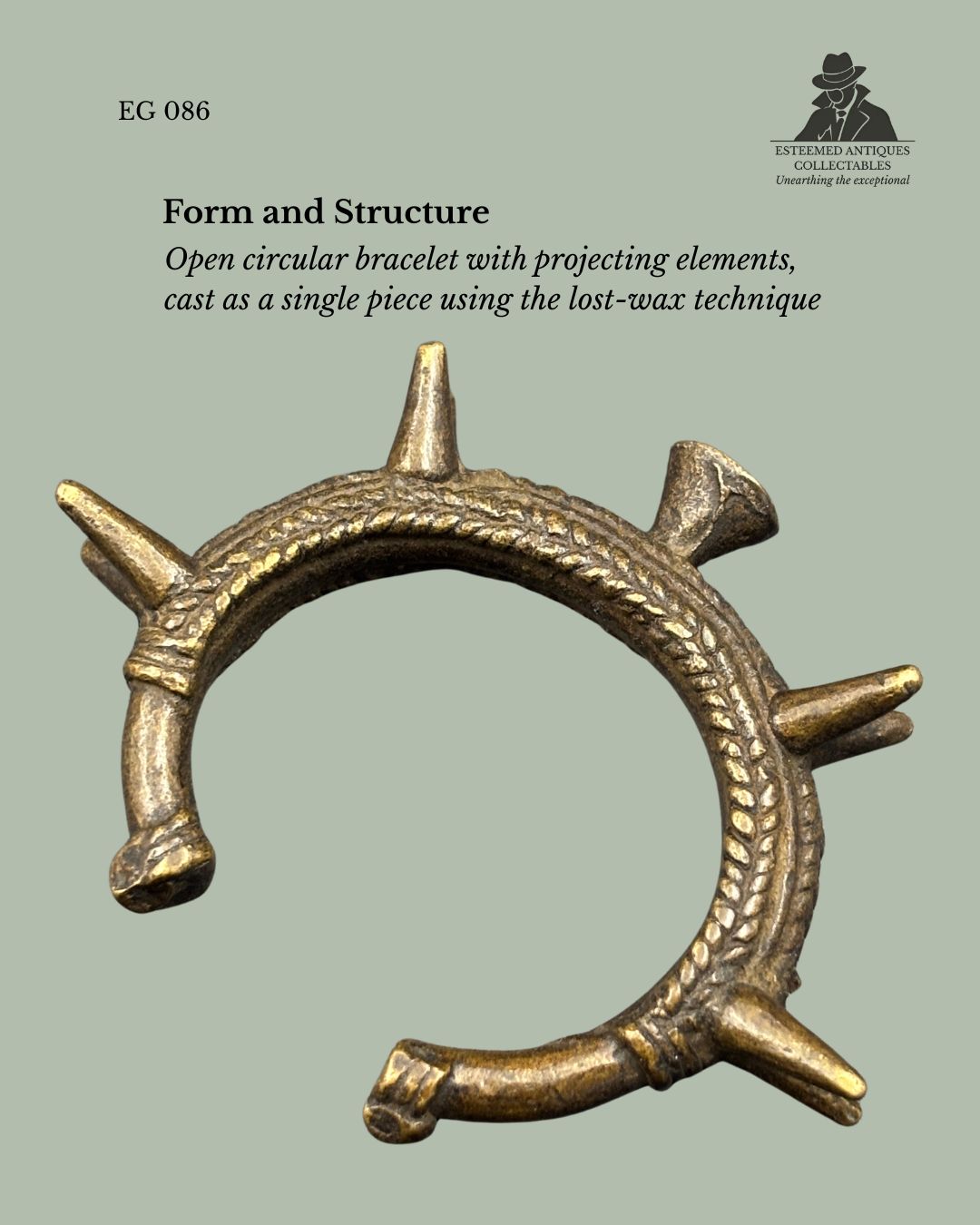 West African Cast Brass Spiked Bangle Bracelet, Burkina Faso / Ghana Region, Lost-Wax