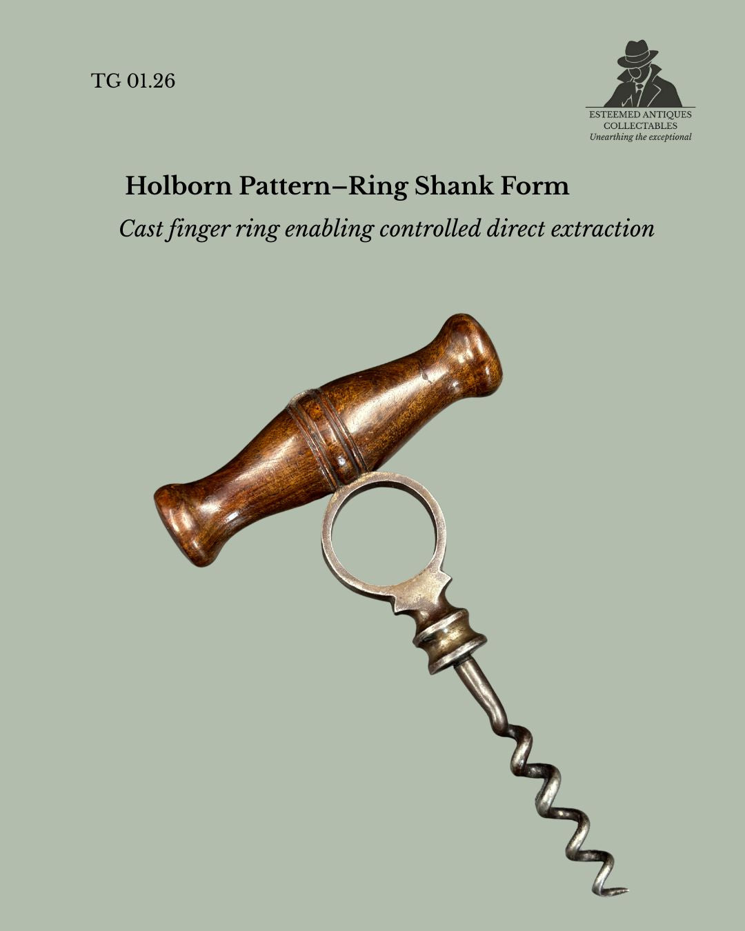 Holborn Straight Pull Corkscrew, Ring Shank, Rosewood Handle, England, Circa 1880 to 1900