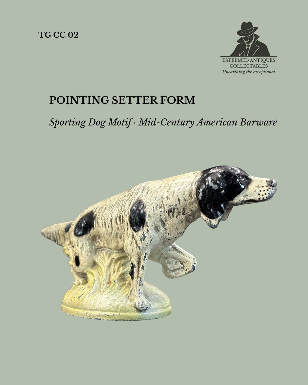 English Setter Figural Crown Cork Bottle Opener, Cast White Metal, Rubal New York, USA, c.1950–1970