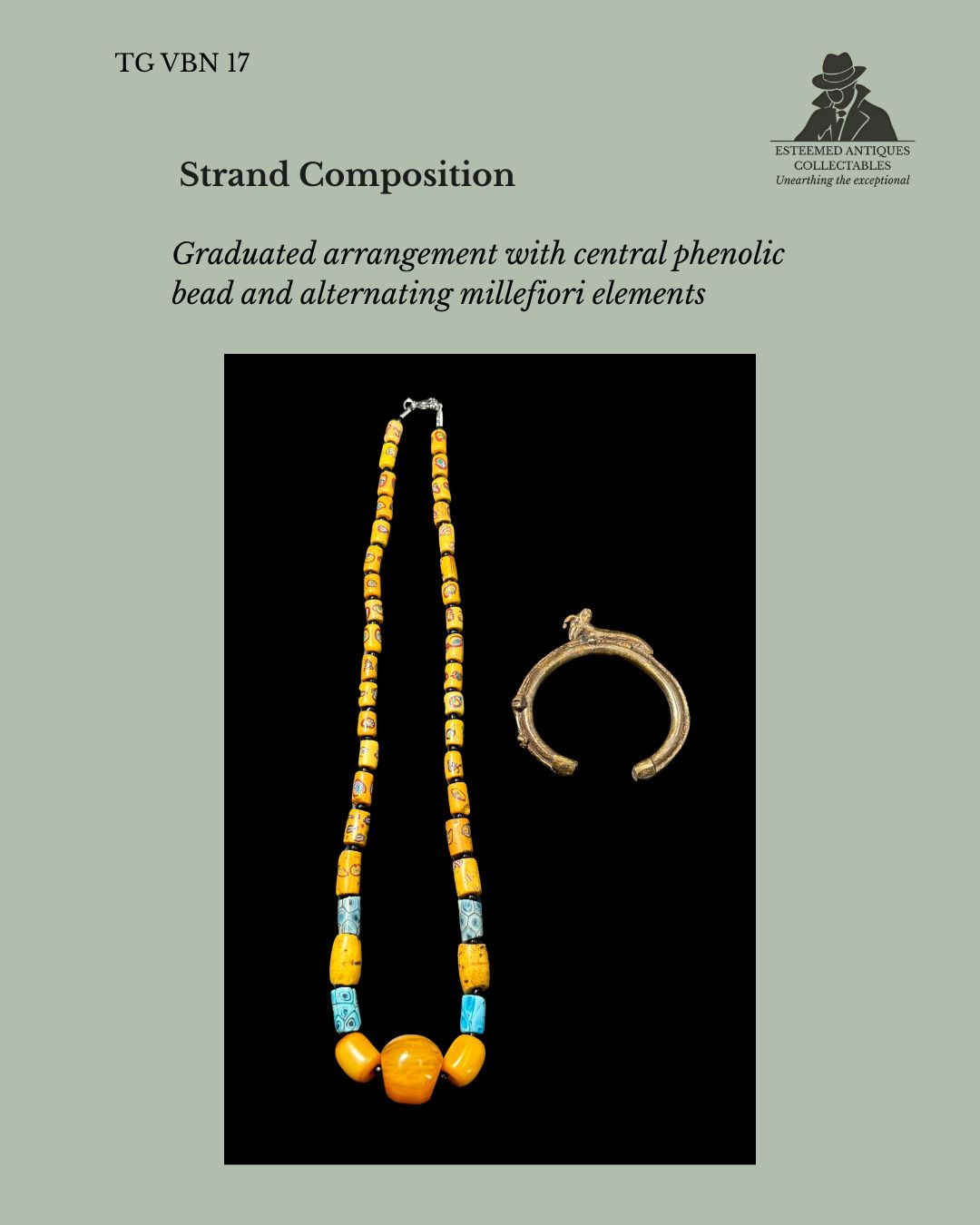 Venetian Millefiori Glass Trade Bead Necklace with Phenolic Resin Beads and Akan Cast Brass Bracelet, Ghana, West Africa