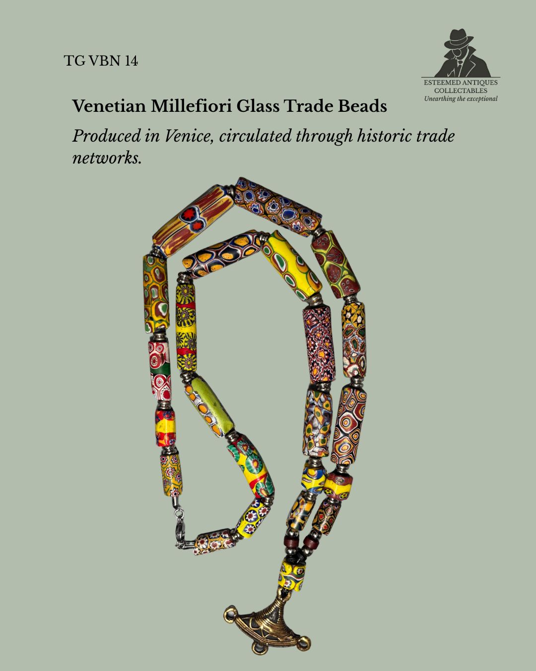 Antique Venetian Millefiori Trade Bead Necklace with Akan Brass Gold Weight Pendant, West Africa / Italy, Glass and Lost-Wax Brass