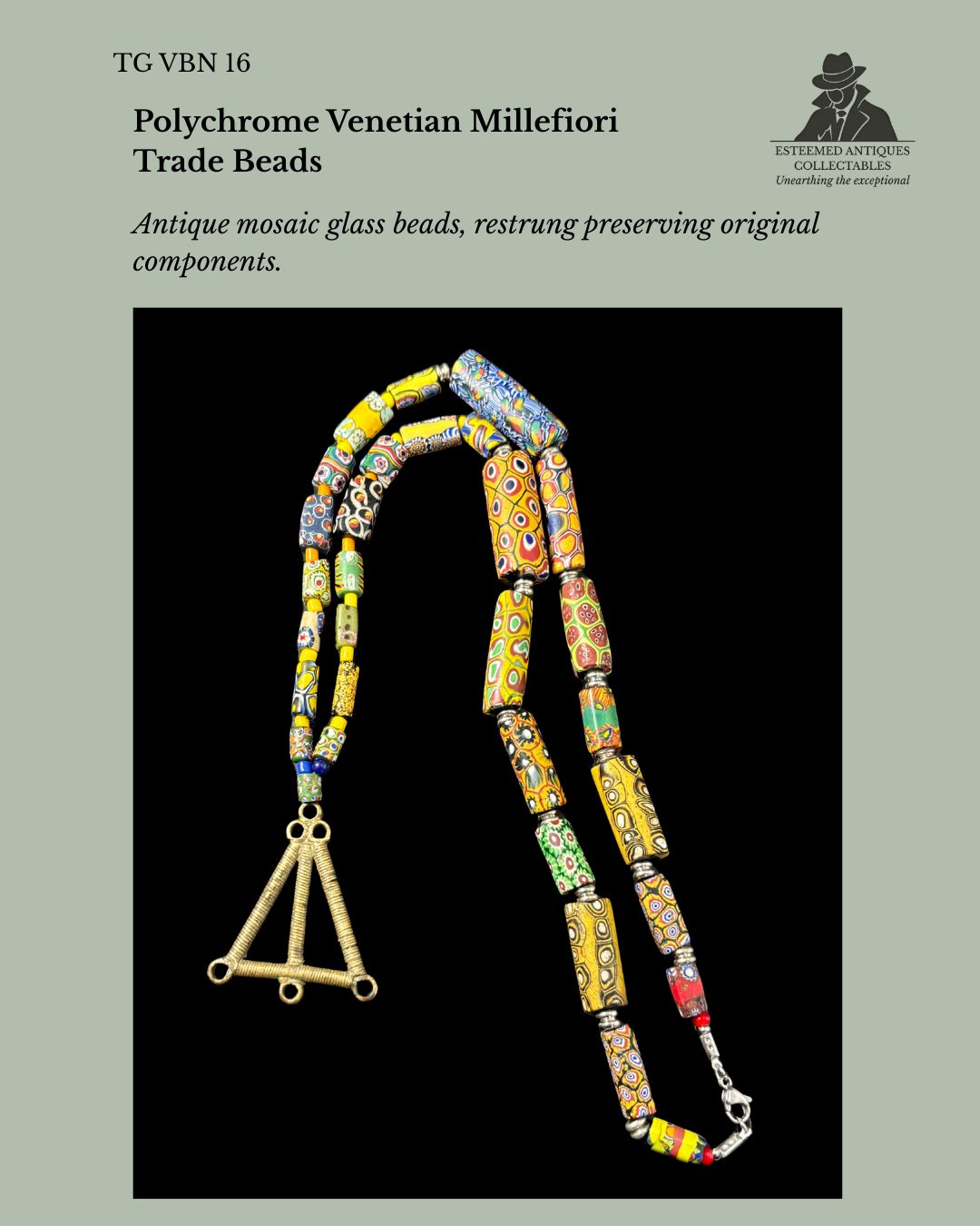 Strand of Antique Venetian Millefiori Glass Trade Beads with Akan Brass Goldweight Pendant, West Africa, Ghana