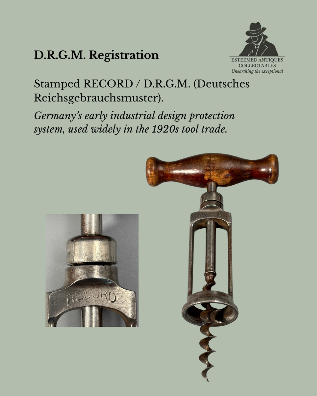 Record Frame Corkscrew, Steel with Turned Wood Handle, DRGM Registered, Germany, c.1926