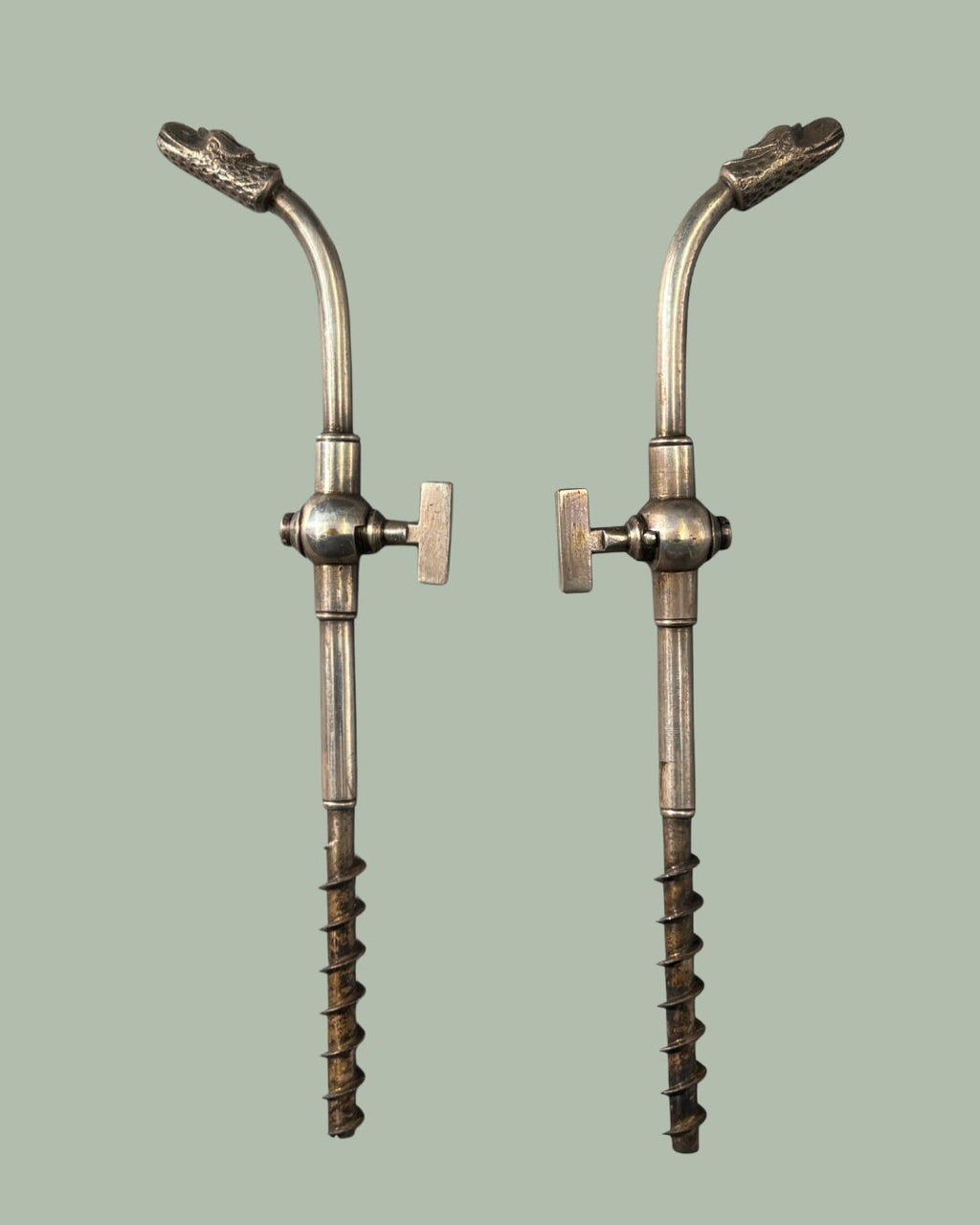 Antique Dragon Head Champagne Tap Corkscrew with Valve, Late 19th Century French Style Champagne Siphon, Original Case ,Thomas Guenther Collection