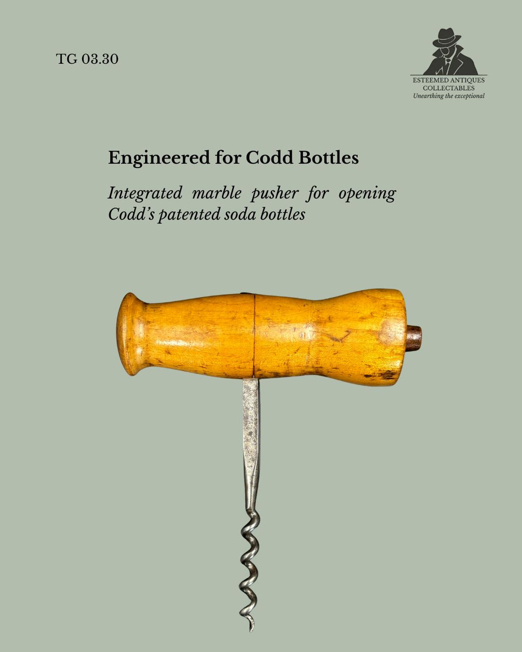 Codd Bottle Opener Combination Corkscrew, Turned Wood Handle, Direct Pull, England, circa 1880 to 1900