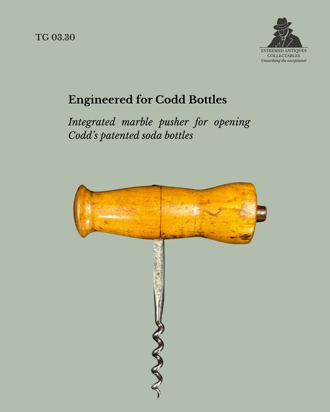 Codd Bottle Opener Combination Corkscrew, Turned Wood Handle, Direct Pull, England, circa 1880 to 1900