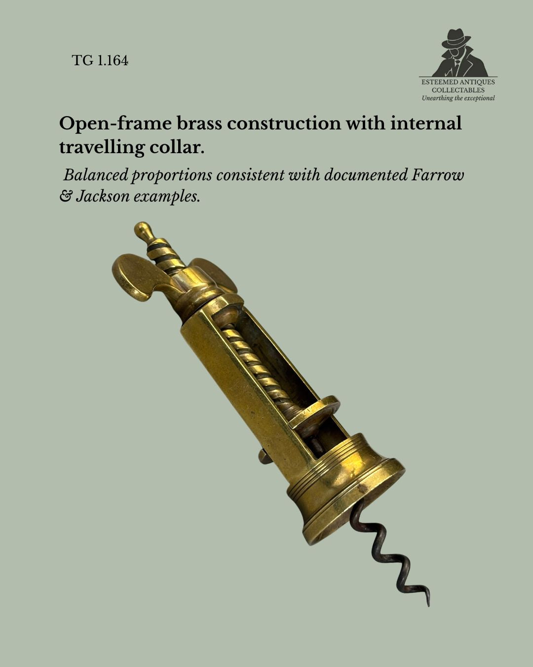 Farrow & Jackson Type Open-Frame Corkscrew, Wing Nut (Handle-Fixed), Brass, England, c.1880