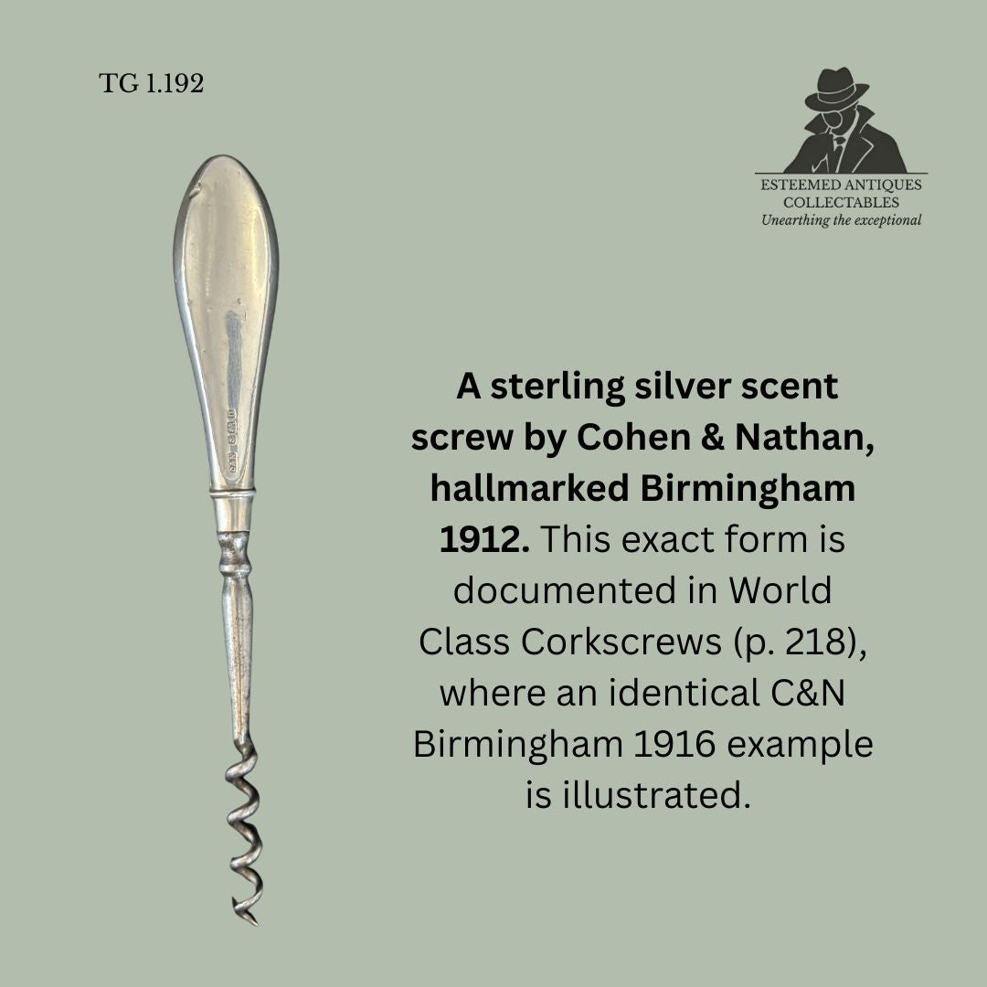 Sterling silver scent / perfume bottle corkscrew by Cohen & Nathan, hallmarked Birmingham 1912, an Edwardian vanity tool for opening perfume or scent bottles.