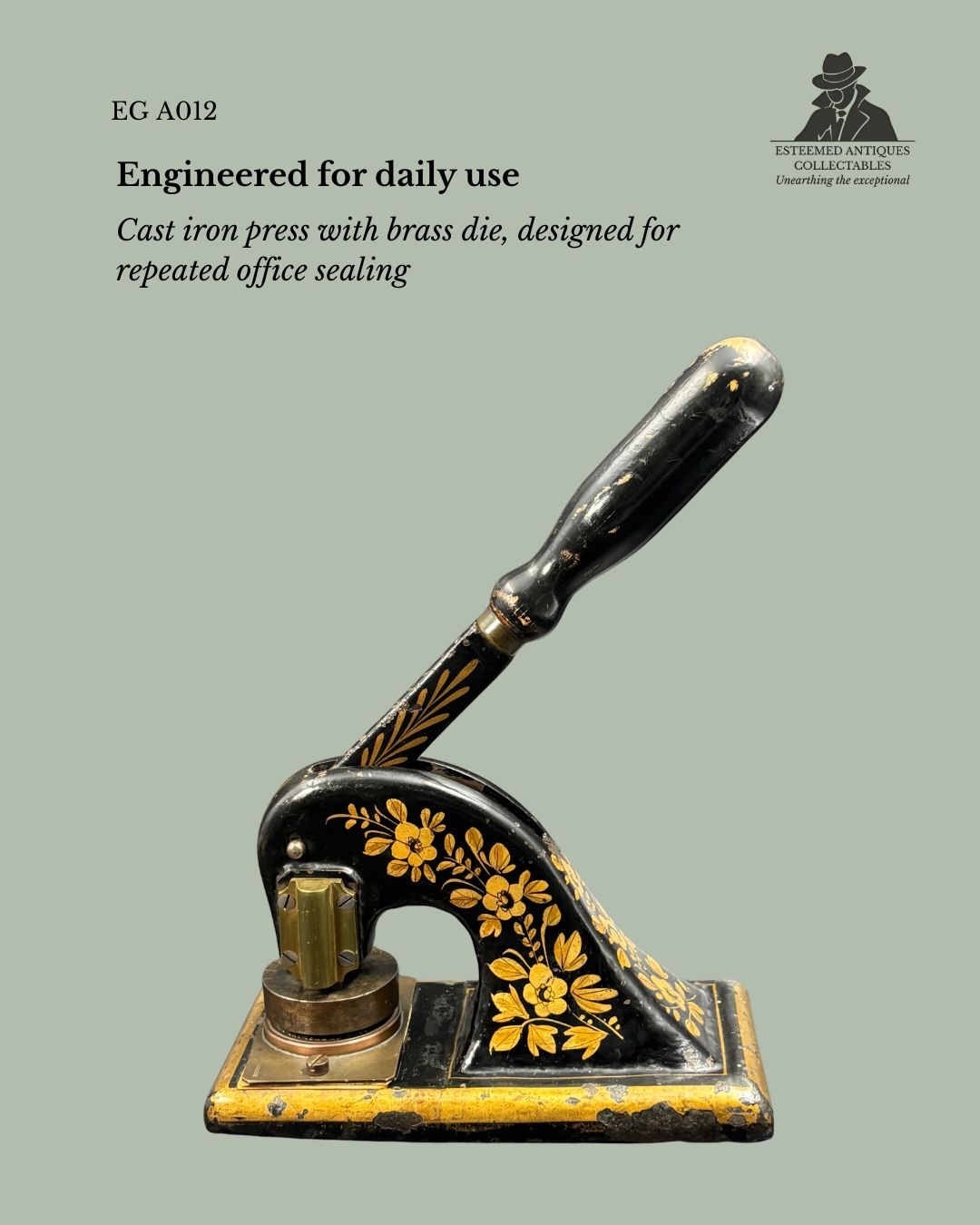 Victorian Embossing Press by Spencer & Co, London, Cast Iron and Brass Office Seal Press, England, Late 19th Century