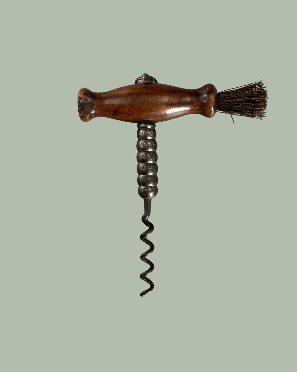 TG 0127 Victorian Wooden Handle Bar Corkscrew with Brush   Continental Europe Tavern Wine Opener circa 1880 to 1910
