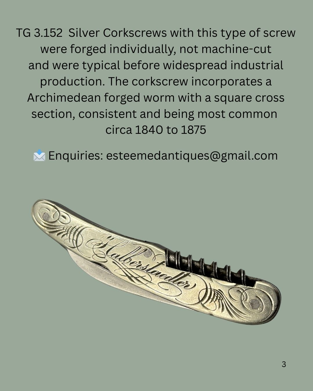 Mid-19th Century Folding Knife Corkscrew, Forged Archimedean Worm, Silver Handles, c.1840–1875