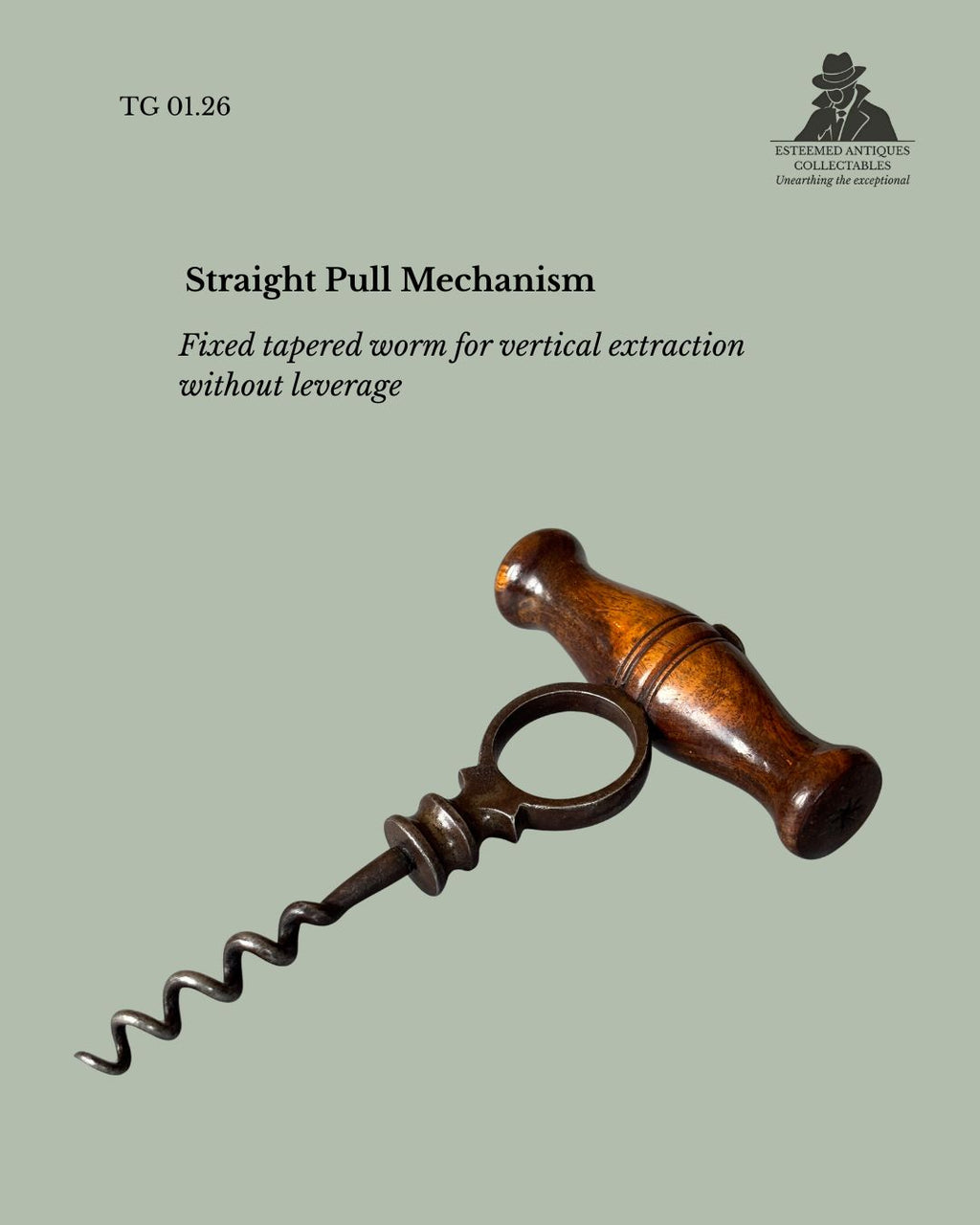 Holborn Straight Pull Corkscrew, Ring Shank, Rosewood Handle, England, Circa 1880 to 1900