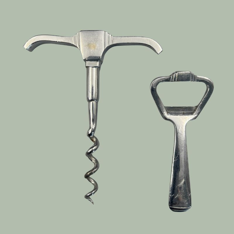 Art Deco T-Handle Corkscrew and Bottle Opener Set, Nickel Plated Brass, England, c.1930