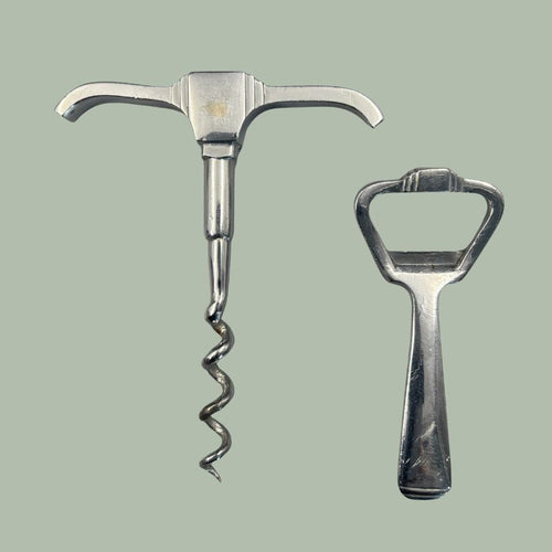 Art Deco T-Handle Corkscrew and Bottle Opener Set, Nickel Plated Brass, England, c.1930