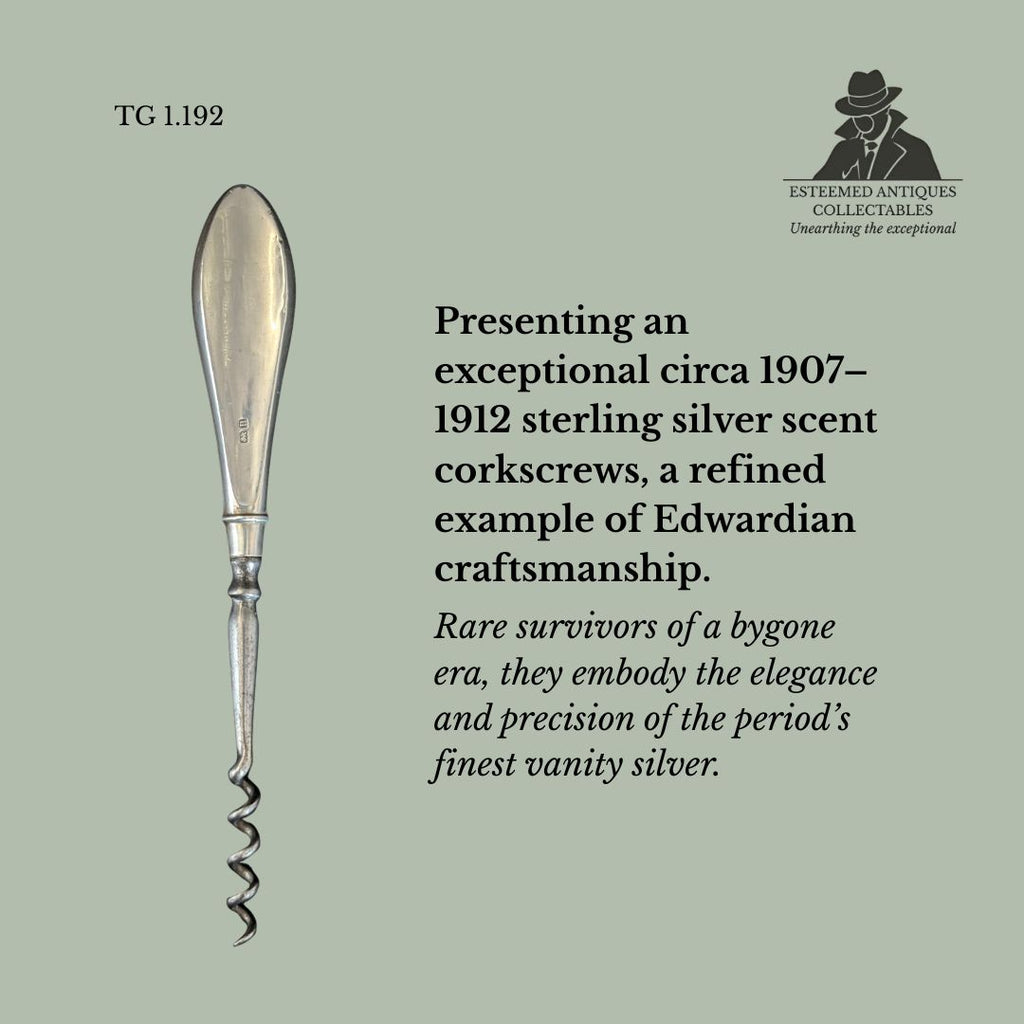 Sterling silver scent / perfume bottle corkscrew by Cohen & Nathan, hallmarked Birmingham 1912, an Edwardian vanity tool for opening perfume or scent bottles.