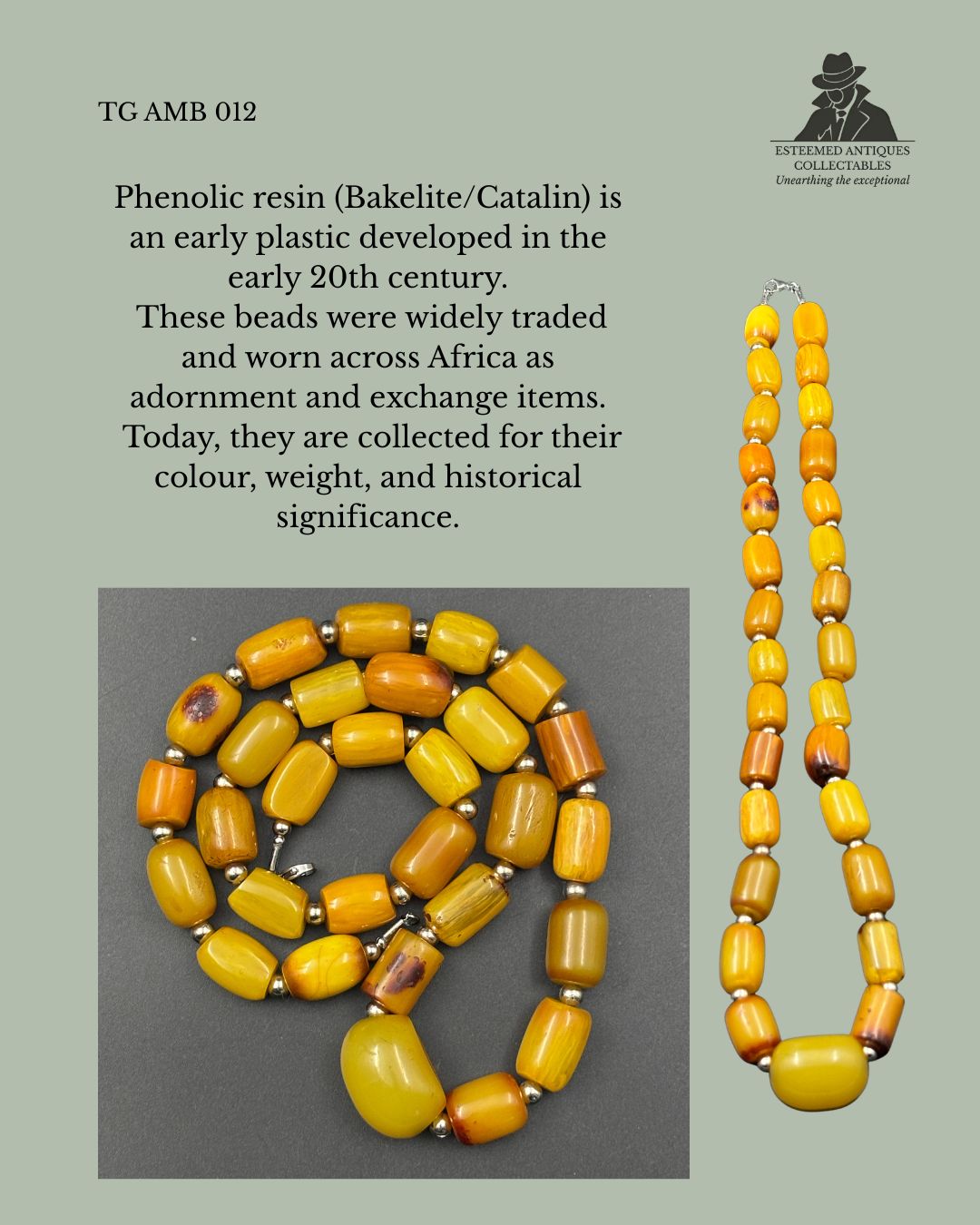Vintage Phenolic Resin Bead Necklace, Attributed African Trade Use, Butterscotch Catalin Type, Circa 1920s–1940s