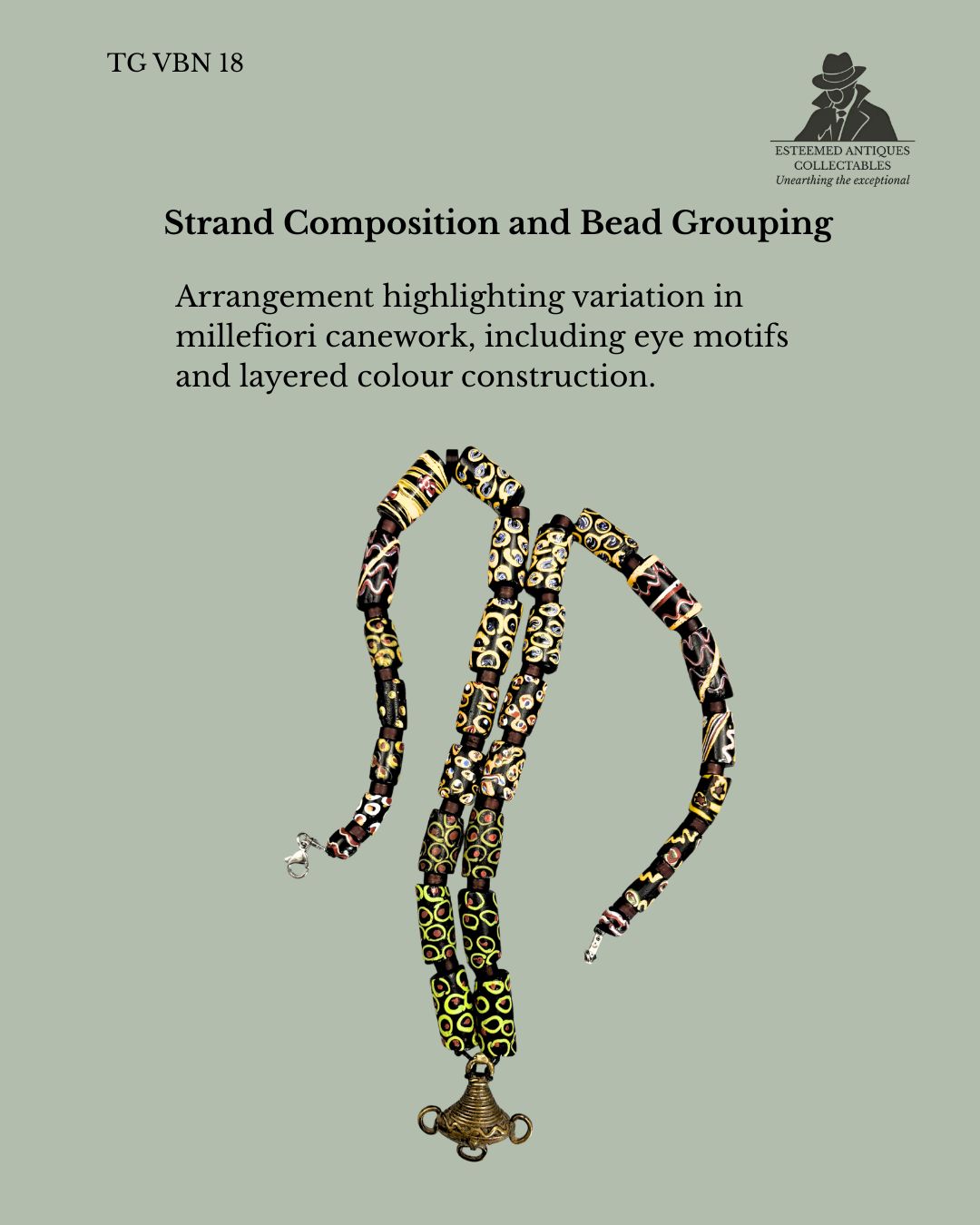 Venetian Millefiori Trade Bead Necklace with Akan Gold Weight Pendant, West Africa (Ghana), Glass and Cast Brass