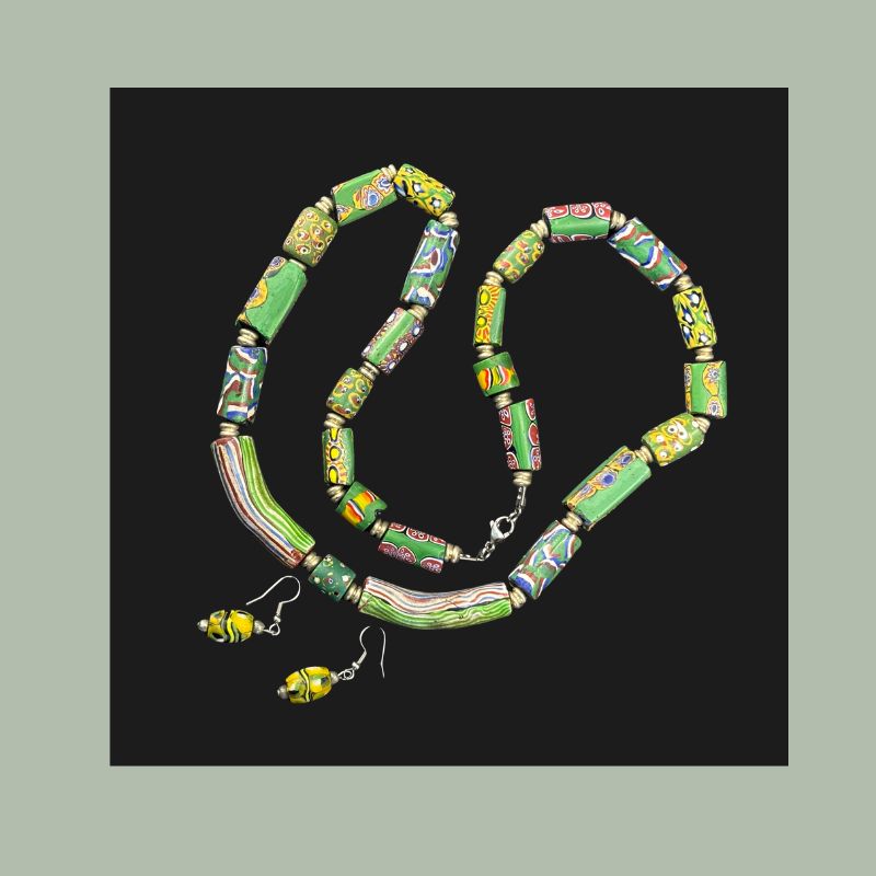 Antique Venetian millefiori glass trade beads, restrung as a necklace with earrings, 65 cm.