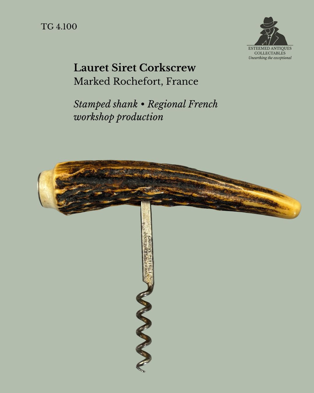 T-Handle Corkscrew, Stag Horn & Silver Coin Inset, Lauret Siret Rochefort France, c.1900