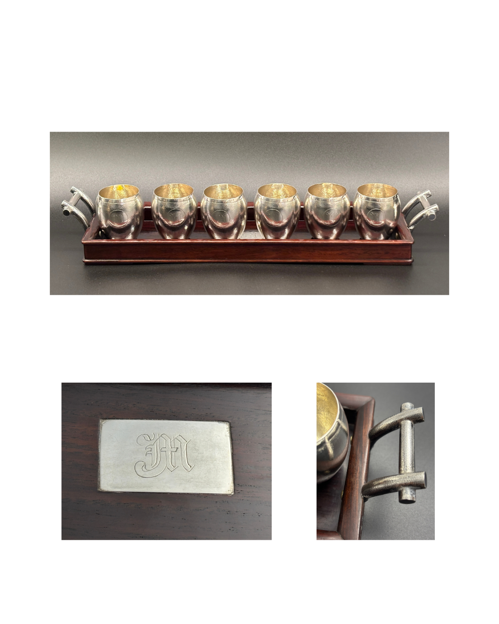 Early 20th-century Chinese glamour in six tiny Goblets on a  Rosewood Tray