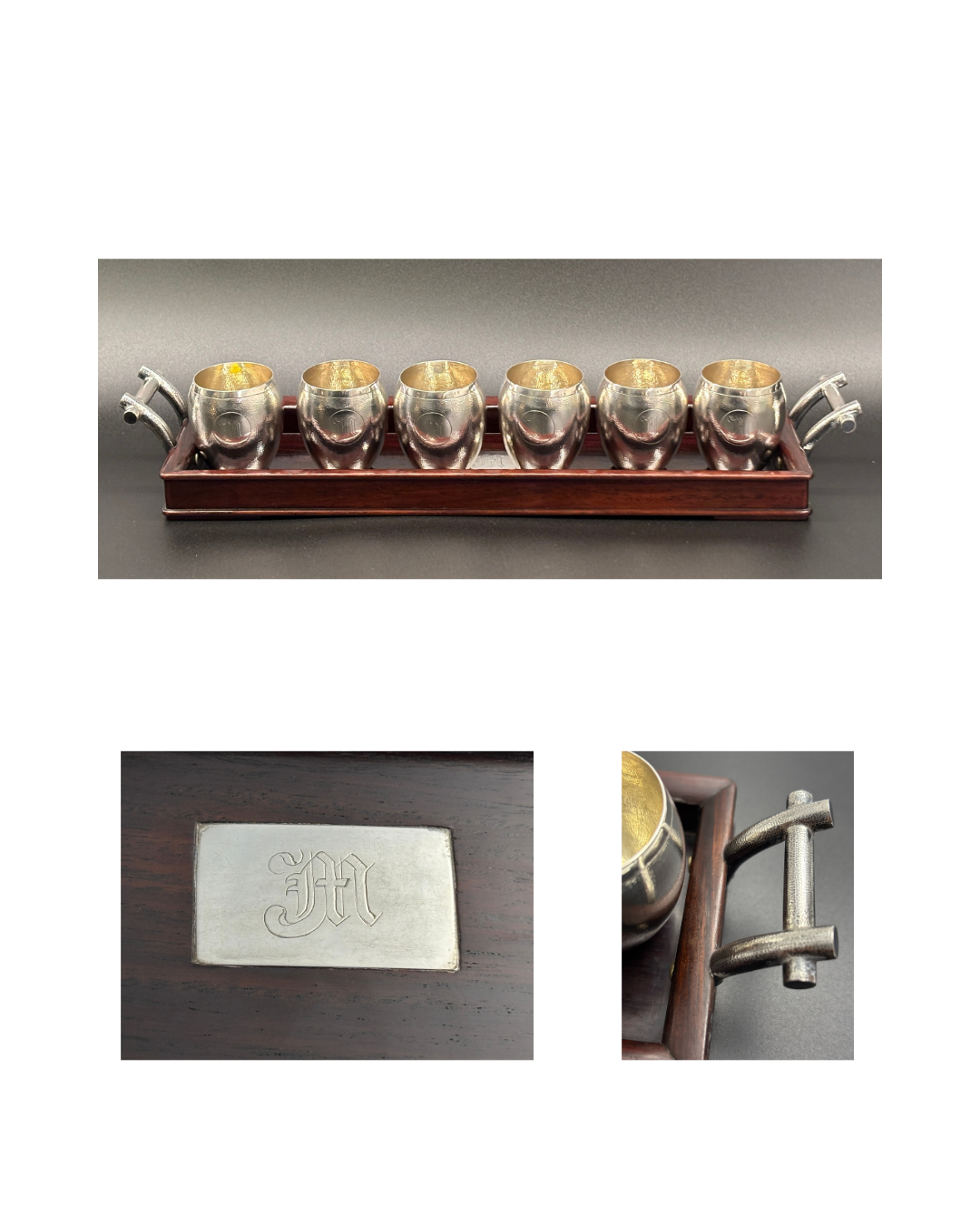 Early 20th-century Chinese glamour in six tiny Goblets on a  Rosewood Tray