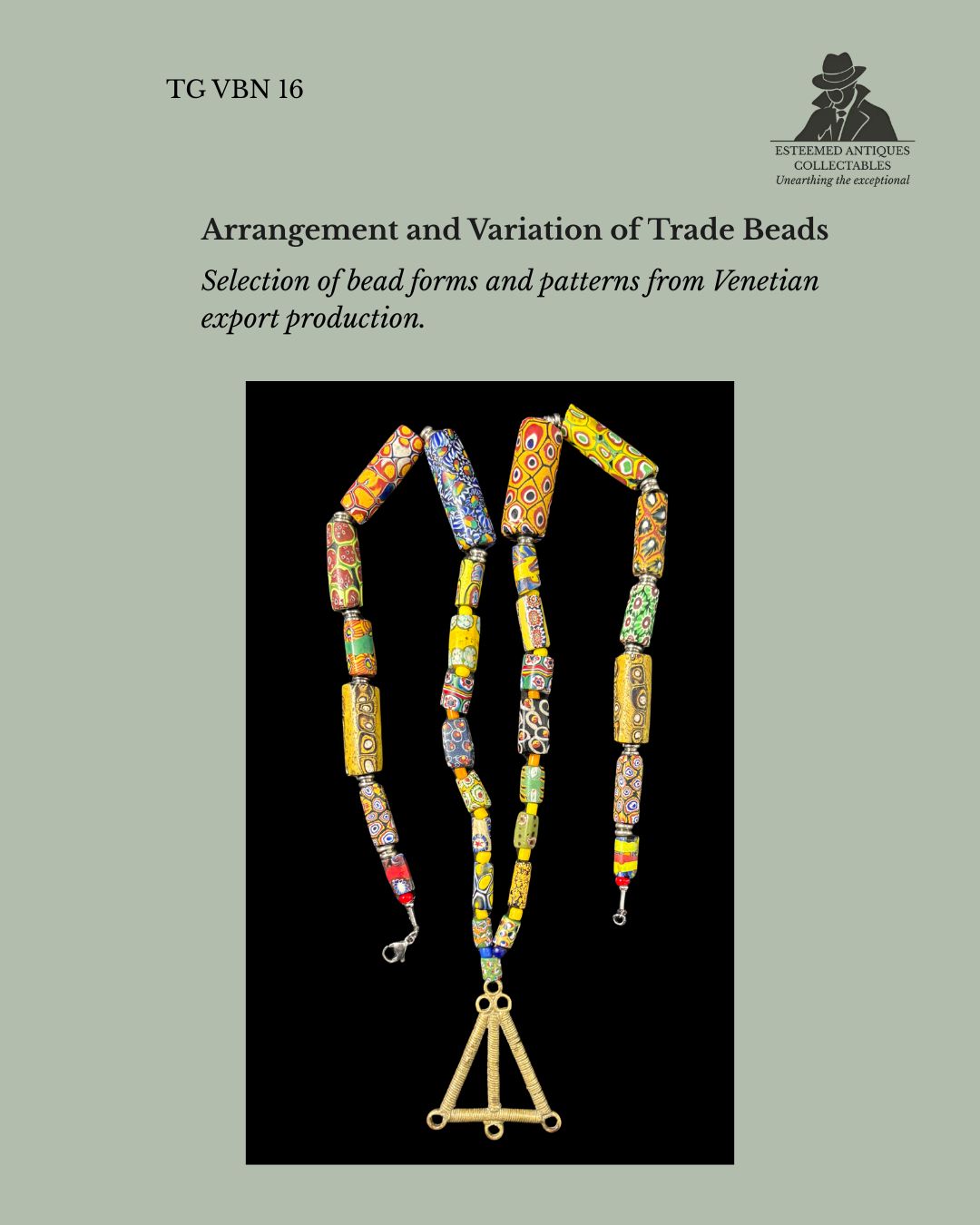 Strand of Antique Venetian Millefiori Glass Trade Beads with Akan Brass Goldweight Pendant, West Africa, Ghana