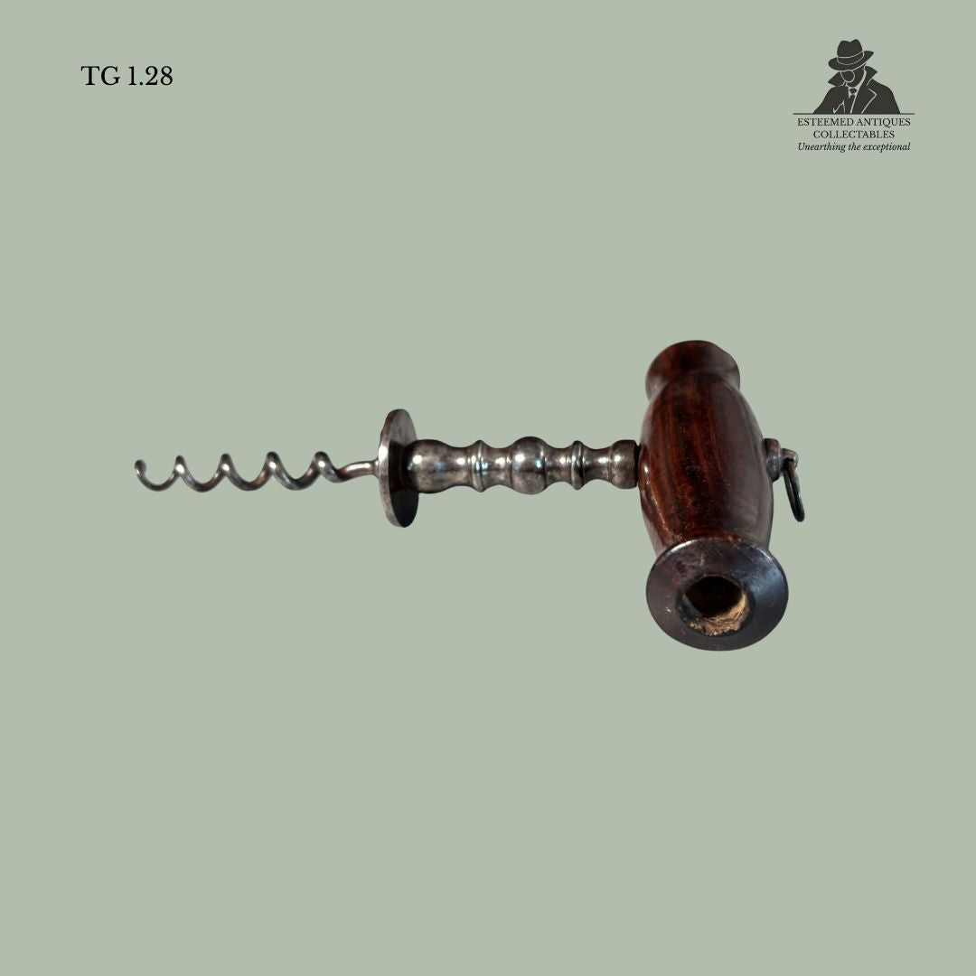 English Henshall-Type Button Corkscrew with Serrated Guide Disc, Turned Steel Shank and Hardwood Handle, c.1880–1900