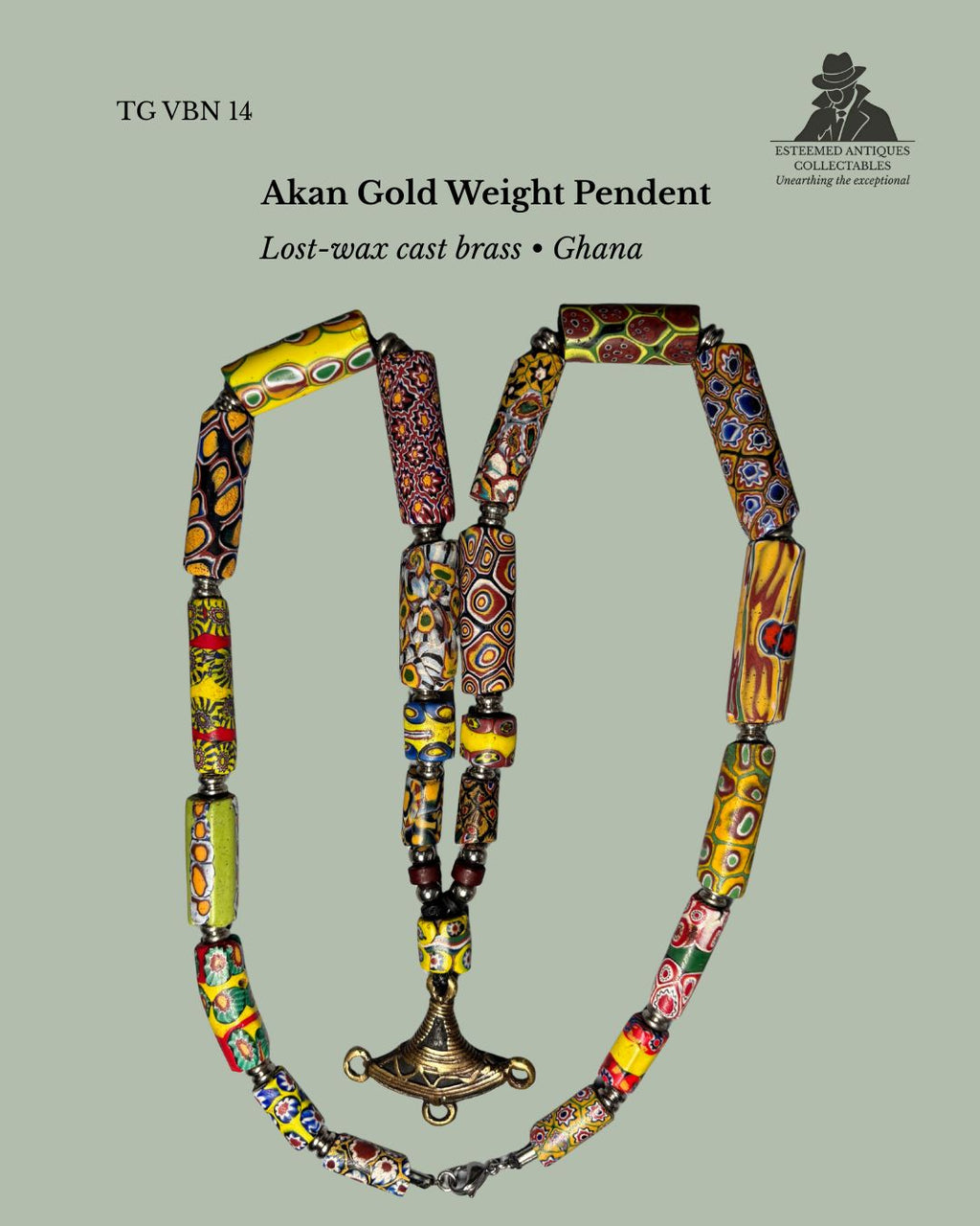 Antique Venetian Millefiori Trade Bead Necklace with Akan Brass Gold Weight Pendant, West Africa / Italy, Glass and Lost-Wax Brass