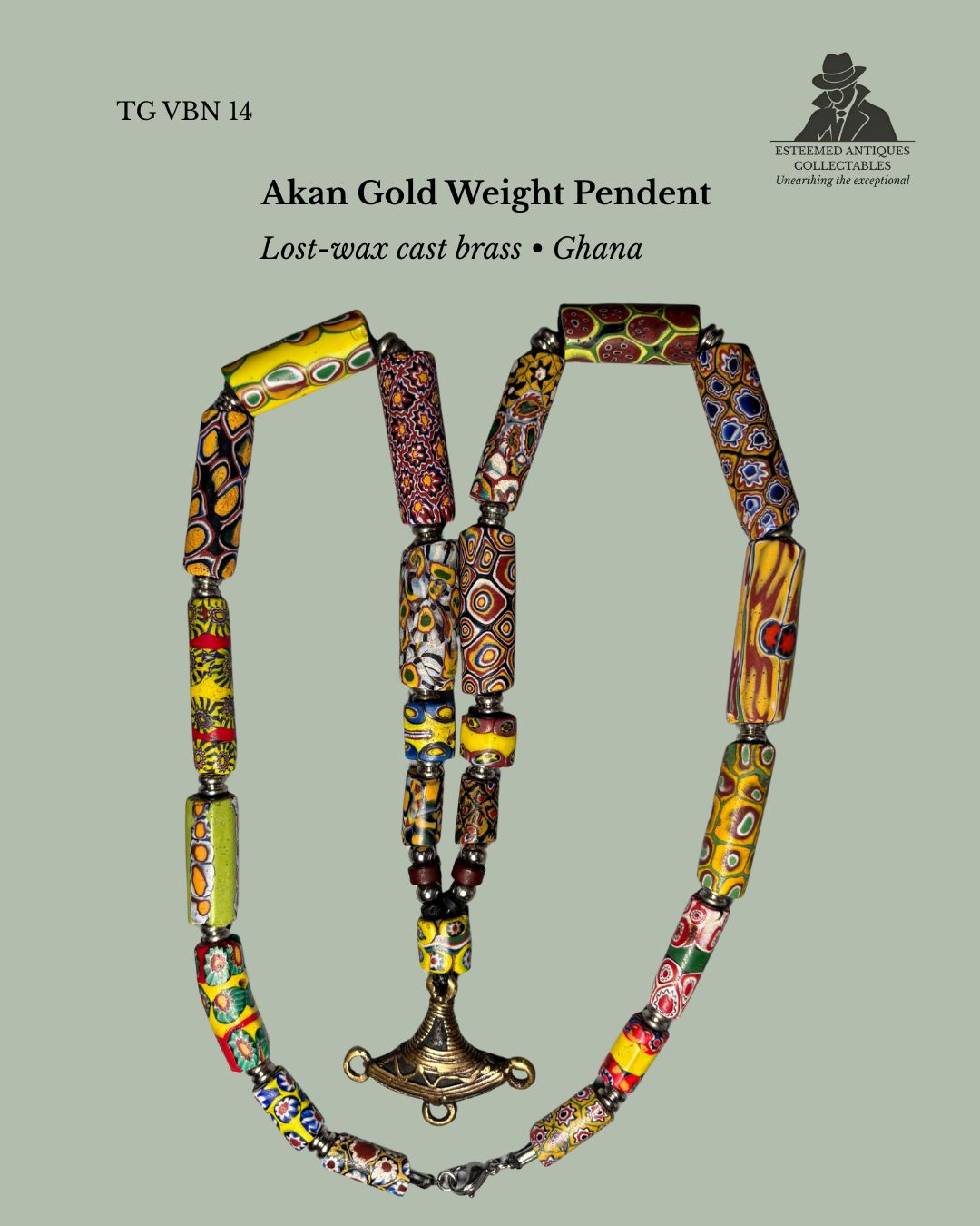 Antique Venetian Millefiori Trade Bead Necklace with Akan Brass Gold Weight Pendant, West Africa / Italy, Glass and Lost-Wax Brass