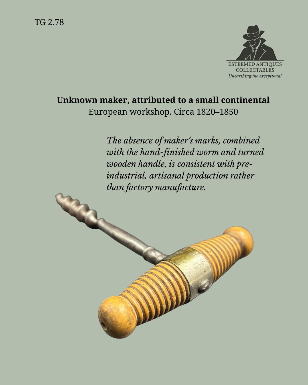 TG 2.78 Early 19th-Century Continental European T-Handle Corkscrew, Hand-Forged (Circa 1820–1850)