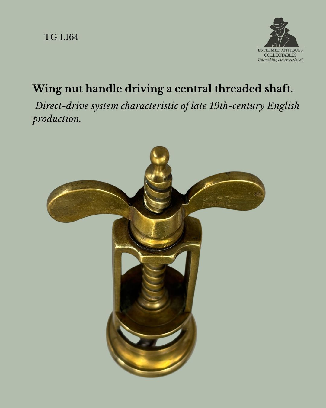 Farrow & Jackson Type Open-Frame Corkscrew, Wing Nut (Handle-Fixed), Brass, England, c.1880