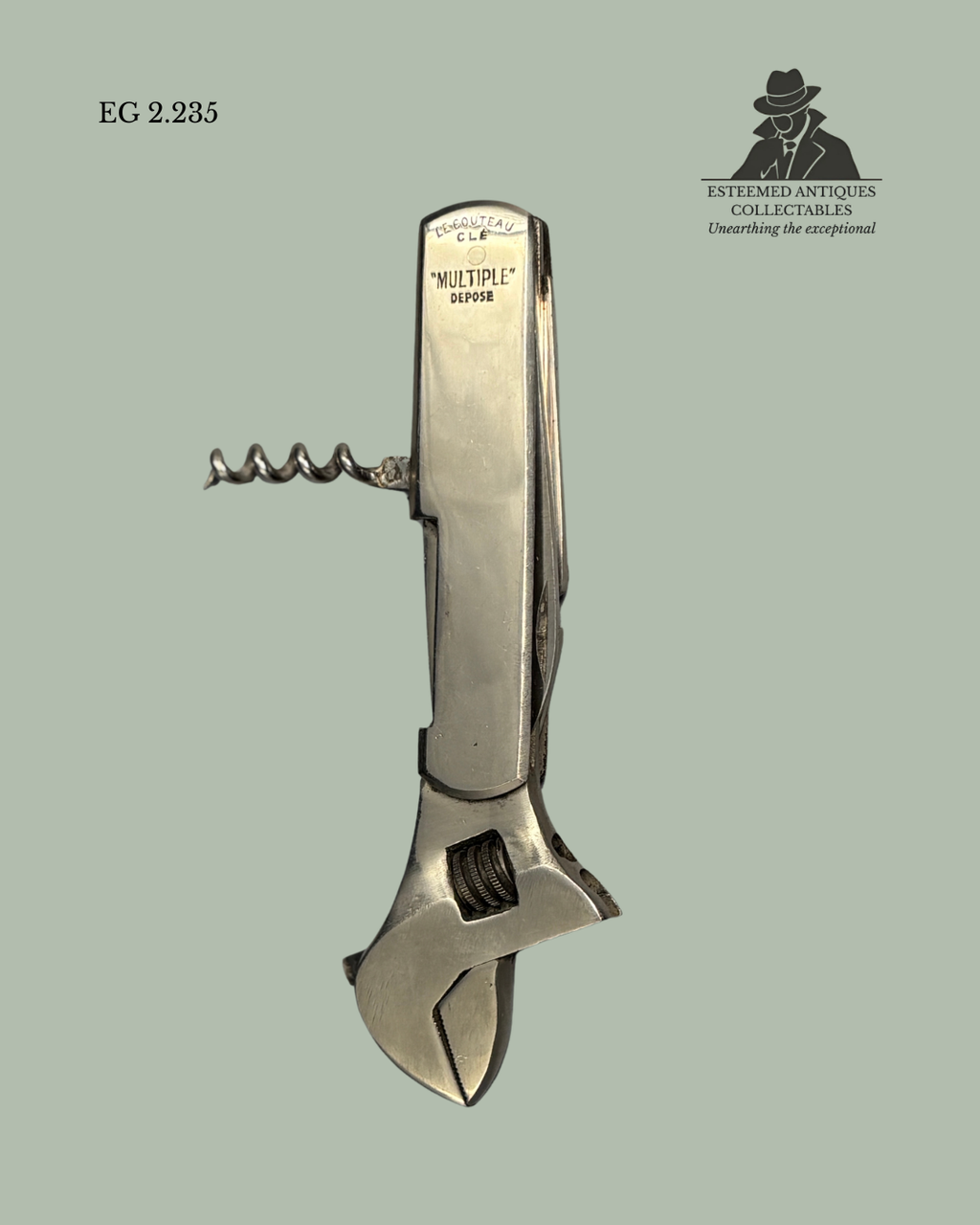 Multifunctional tool with corkscrew on a light green background