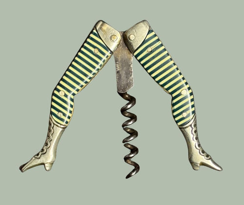 Corkscrew with striped handles on a light gray background