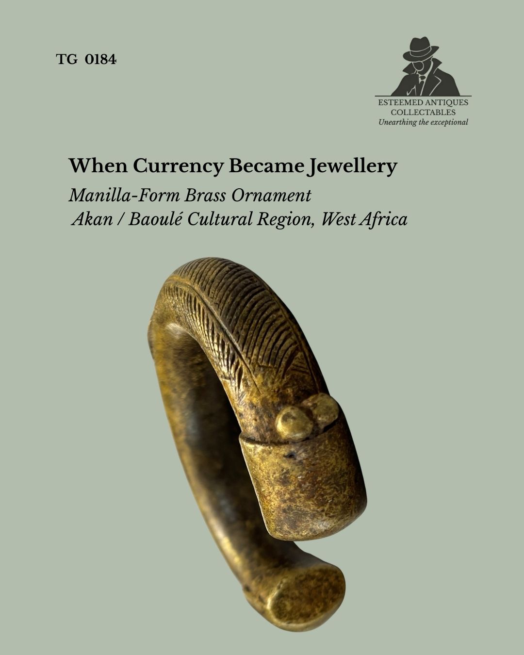 West African Manilla-Form Brass Bracelet with Stylised Figure Currency-Derived Ornament - Akan / Baoulé, Ghana or Côte d’Ivoire