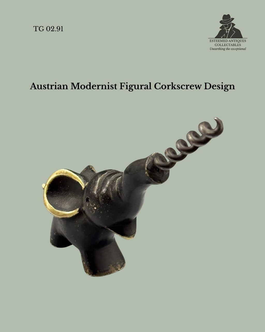 Mid-century Austrian brass elephant corkscrew in Hagenauer style with cast form and original patinated finish.