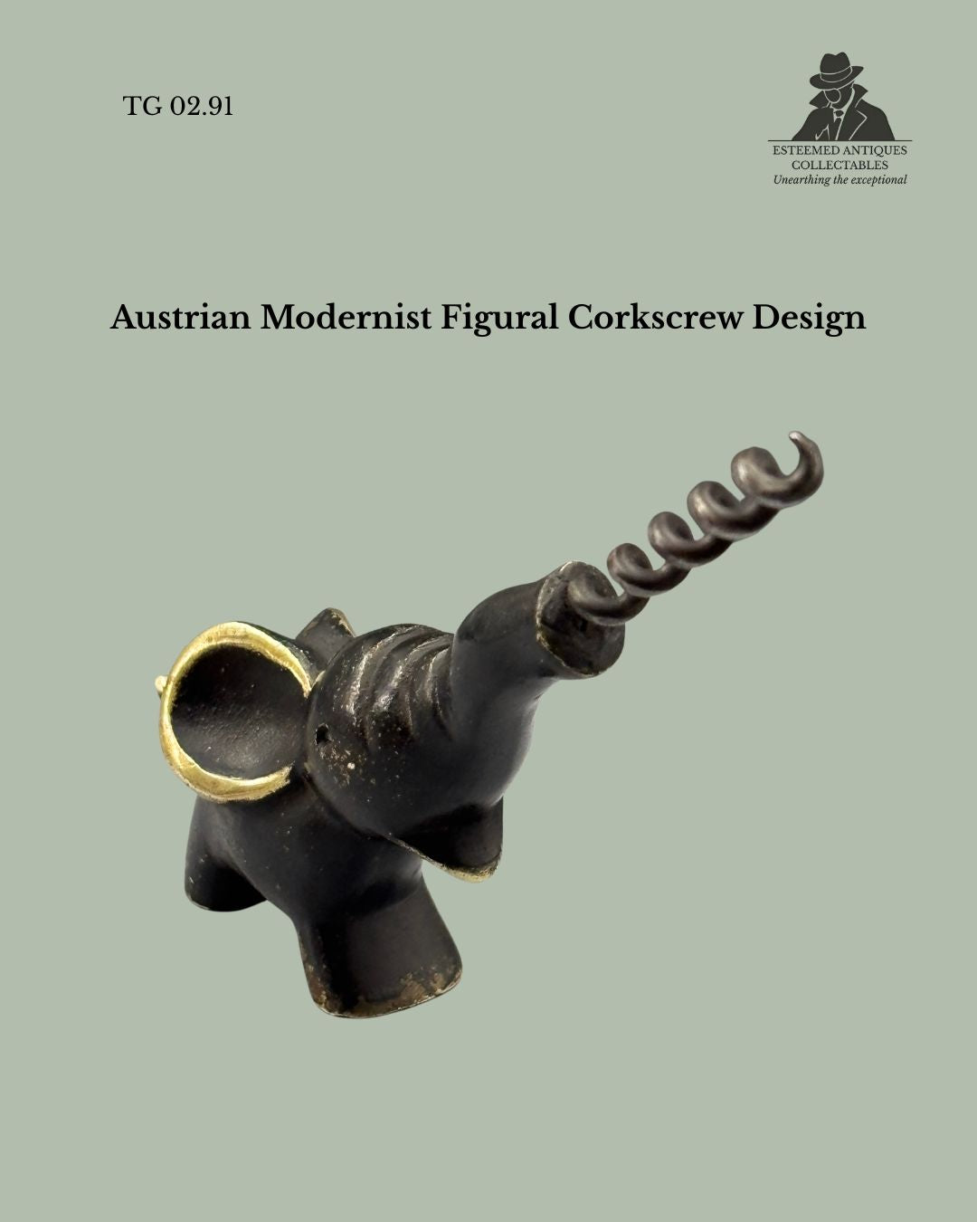 Mid-century Austrian brass elephant corkscrew in Hagenauer style with cast form and original patinated finish.