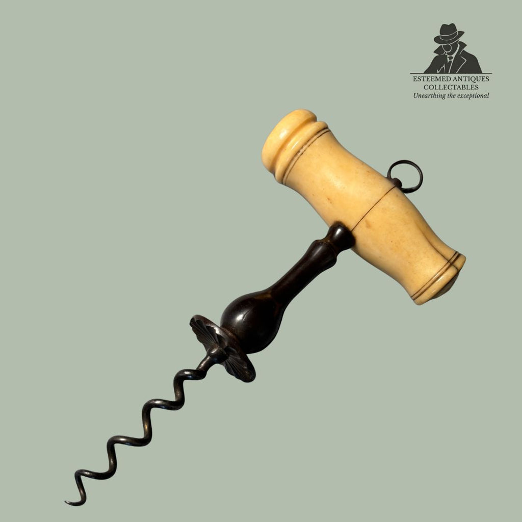 T-Handle Corkscrew with Brush Holder Rosette, Bone & Turned Wood, Europe, c.1880–1900