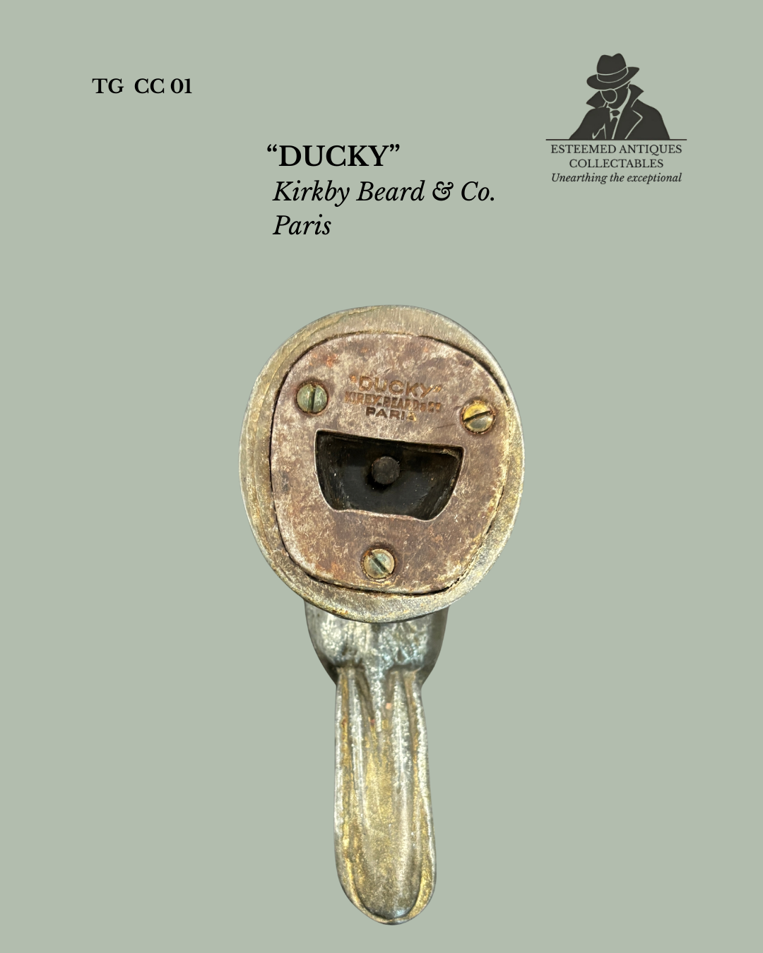 Early French “Ducky” cap lifter by Kirkby Beard & Co, Paris, documented in the 2002 Christie’s corkscrew sale.