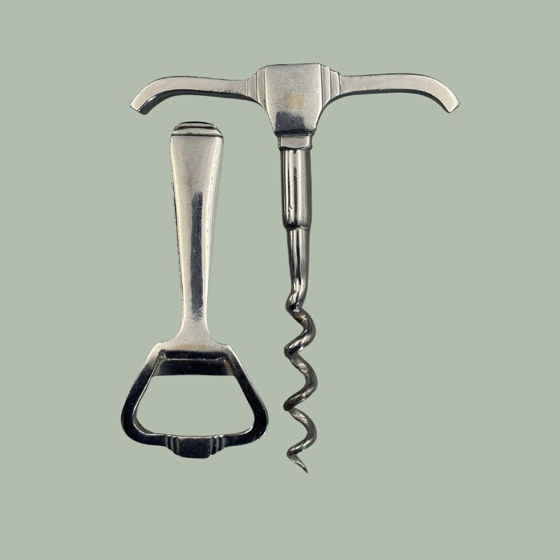 Art Deco T-Handle Corkscrew and Bottle Opener Set, Nickel Plated Brass, England, c.1930