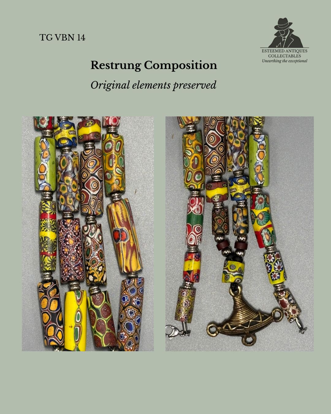 Antique Venetian Millefiori Trade Bead Necklace with Akan Brass Gold Weight Pendant, West Africa / Italy, Glass and Lost-Wax Brass