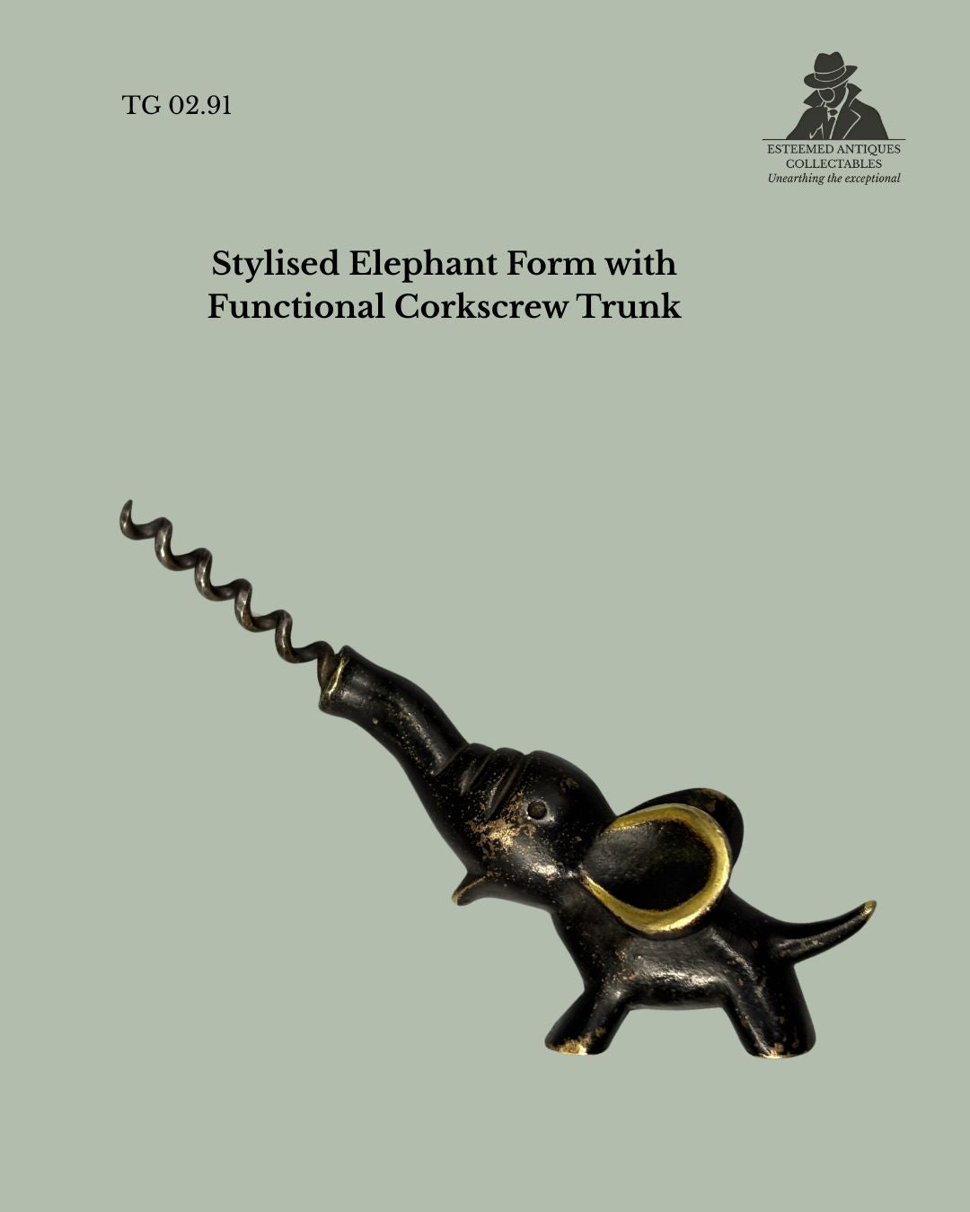 Mid-century Austrian brass elephant corkscrew in Hagenauer style with cast form and original patinated finish.