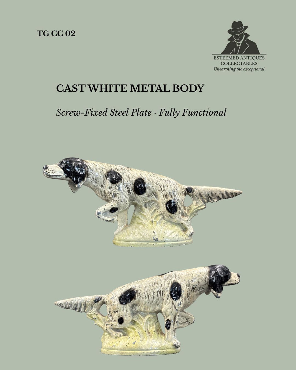 English Setter Figural Crown Cork Bottle Opener, Cast White Metal, Rubal New York, USA, c.1950–1970