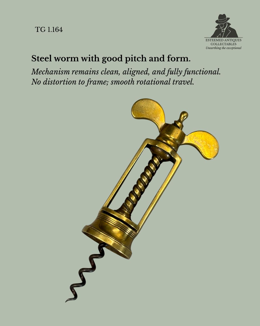Farrow & Jackson Type Open-Frame Corkscrew, Wing Nut (Handle-Fixed), Brass, England, c.1880