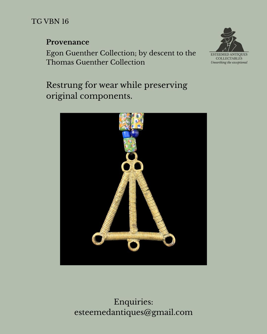 Strand of Antique Venetian Millefiori Glass Trade Beads with Akan Brass Goldweight Pendant, West Africa, Ghana